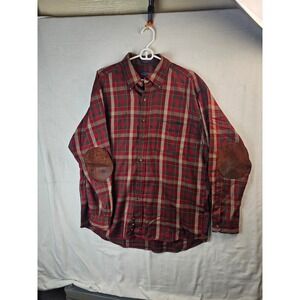 Sir Pendleton Mens XL Wool Plaid Button Down Shirt Red Green Elbow Patches